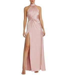 Mac Duggal Satin Pink Open Back High Neck Side Ruched Gown Sleeveless Dress Sz 4
